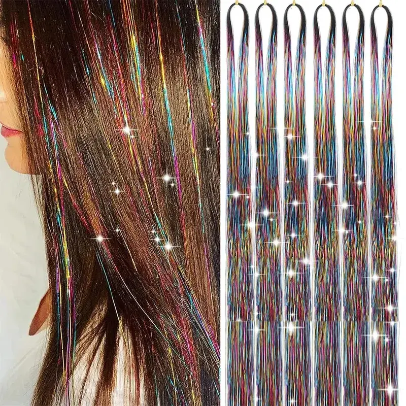 Hair Tinsel Kit 6 Pcs 2000 Strands Silver Tinsel Hair Extensions Fairy Hair Tinsel Heat Resistant Sparkly Shiny Synthetic Hair