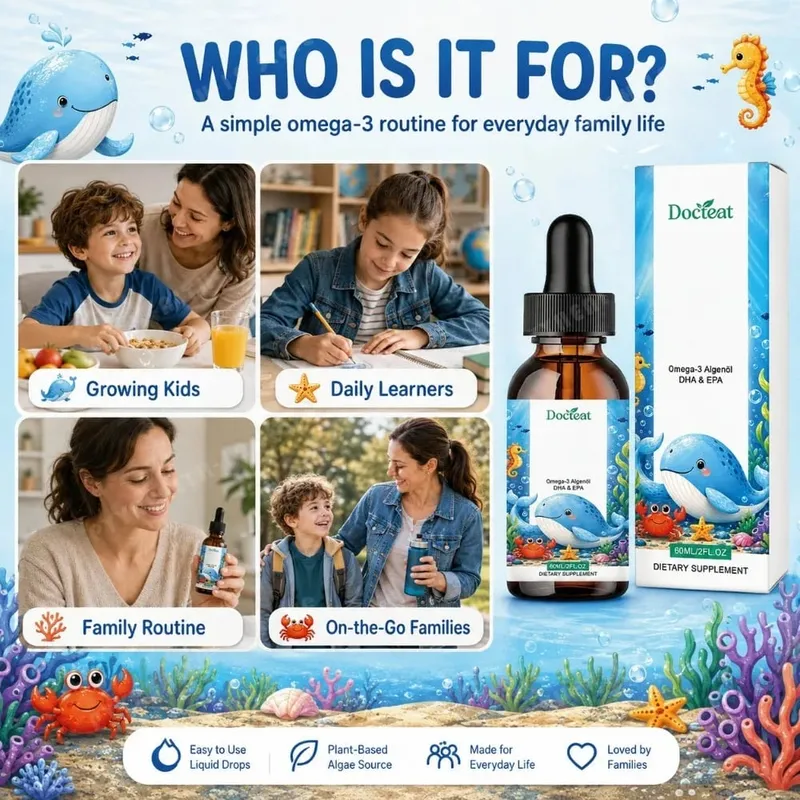 Docteat Plant Based Omega-3 Algae Oil DHA EPA Liquid Drops Kids Brain Health Vegan Non-GMO Daily Nutrition Orange 60 Servings