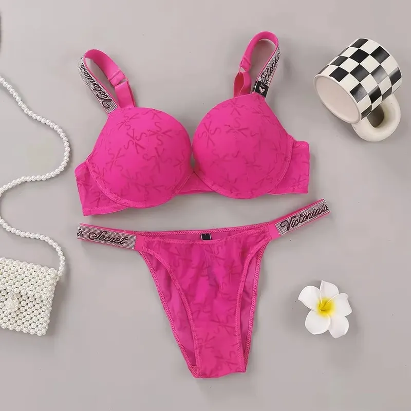 Victoria Secret Sexy Lingerie Set Very Sexy Logo Shine Strap Embossed VS Lace Push Up Bra Shine Script Thong Panty