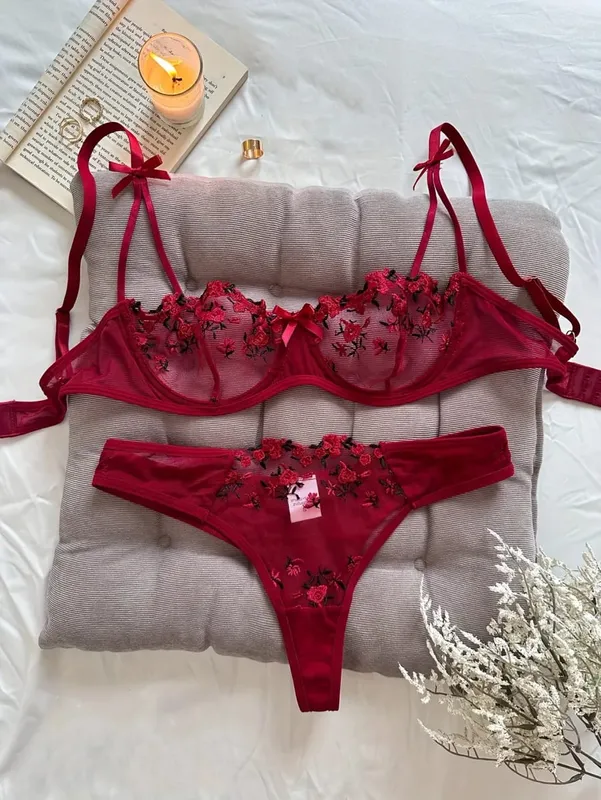 Lingerie feminina noite linda sexy feminina 2 peças floral bordado roupa interior lingerie erótica conjunto conjuntos de mujer — image 5