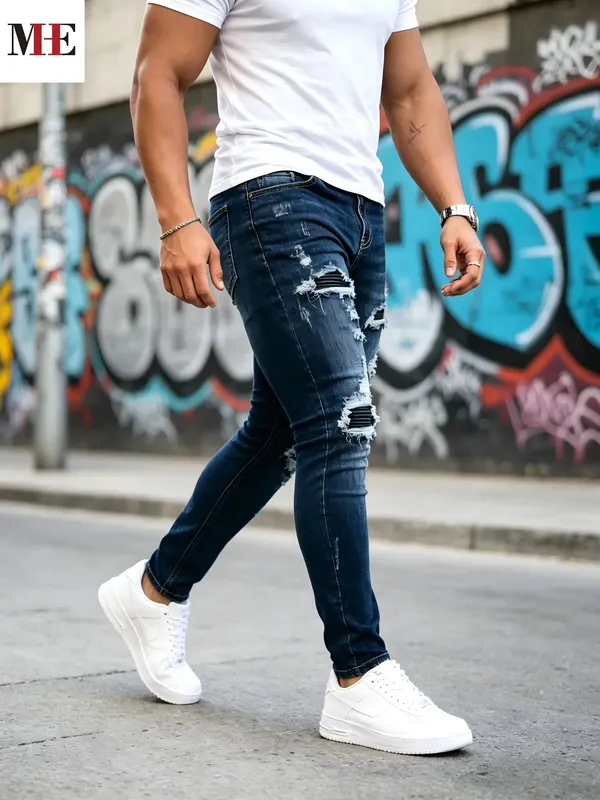 HME Men's Casual Denim Pants Dark Blue Slim Skinny Jeans with Black Stripe Patches for Daily Wear — image 4