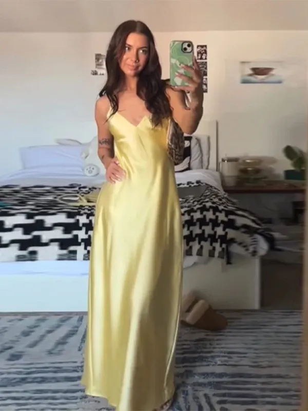 Women Orange Satin Sling Long Dress Fashion Solid Backless Sleeveless V-neck Pleated Gowns 2026 Lady Evening Party Robes Summer — image 7