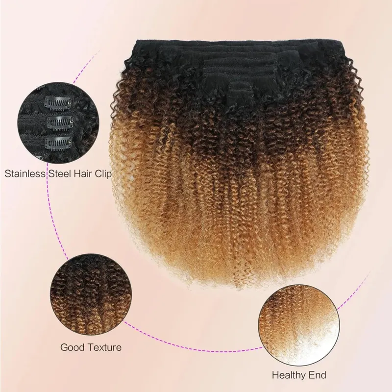 Ombre T1B/4/27 Afro kinky Curly Clip in Human Hiar Extensions 120G 8Pcs/Set BrazilianVirgin Human Hair Highlight P427 Extensions — image 5
