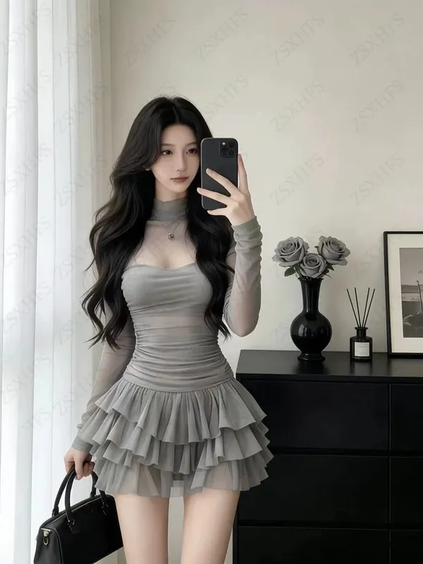 Korea Kawaii Sexy Dresses Punk Aesthetic 2000s Summer Sexy Girl Gentle Dress Chiffon Perspective Trendy Slim Tiered Short Dress
