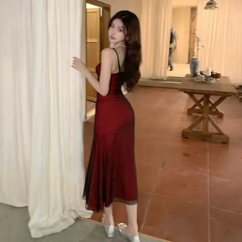 Vestido maxi feminino francês sem mangas bodycon espartilho vinho vermelho alça espaguete franzido elegante festa à noite vestidos longos vintage — image 3