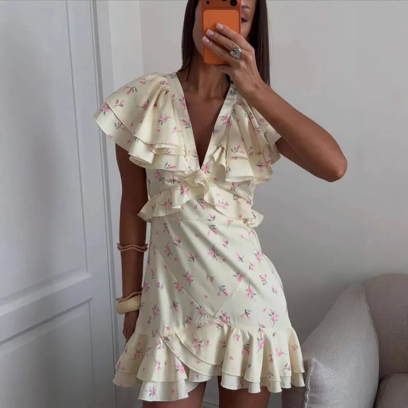 Talenza Elegant Printed Ruffle Dress Women's Summer Fashion Contrast V-Neck Patchwork Dress Vintage Party Women's Casual Dress — image 5