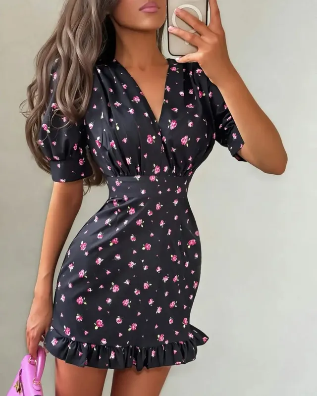 Elegant blommig klänning för kvinnor med midjeband Chic turndown-krage Puffärm A-linjeklänningar Dam Sommar Dagliga Vestidos — image 7