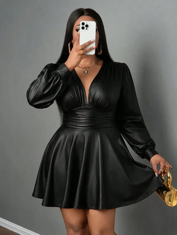 Plus Size Leather Skirt para sa Babae Deep V Neck Lantern Sleeve Waist Cinched A-Line Party Outfit Pang-sexy Girl's Ensemble — image 6