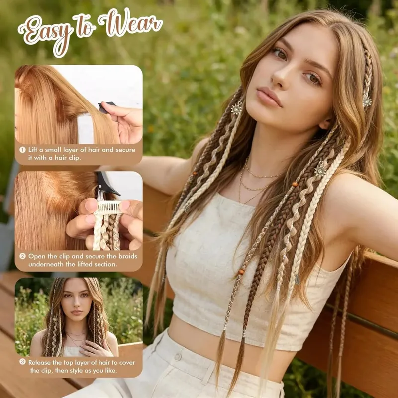 Clip in Braid Hair Extensions for Women 20" Boho Dreadlock Clip in Braids with Beads & Charms 2PCS Synthetic Braided Hairpiece