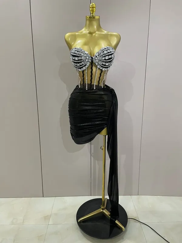 Sexy brilhante strass lantejoulas 2 peças conjunto de saia superior 2025 feminino celebridade festa à noite palco boate desempenho traje