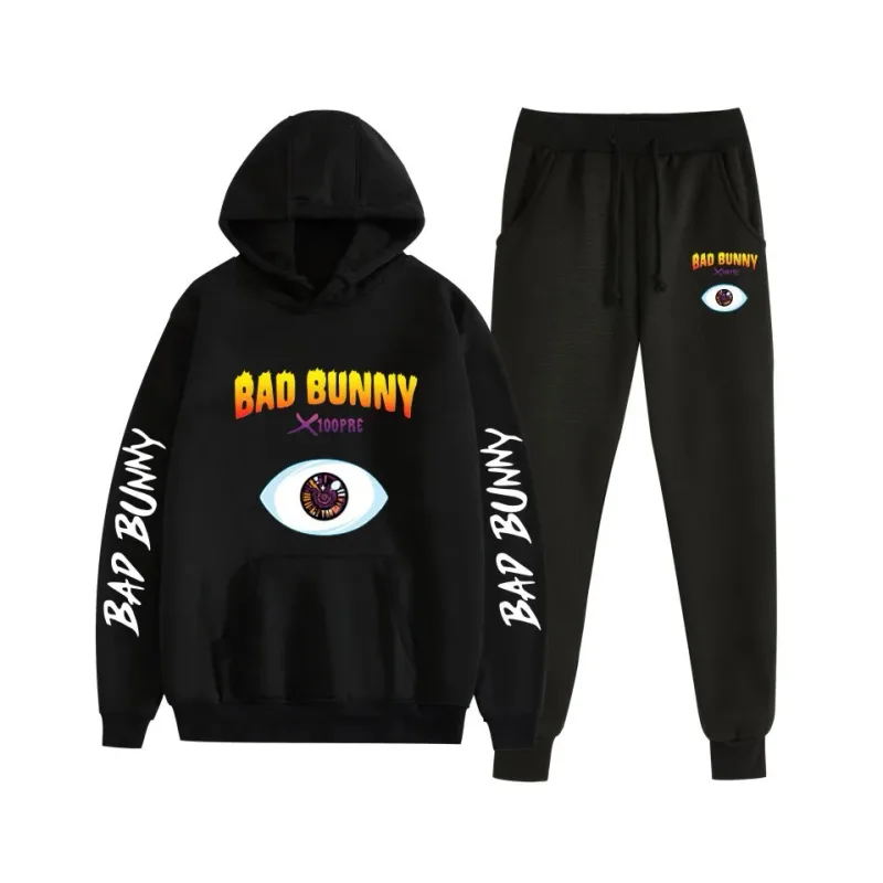 Harajuku Bekväm bad bunny Tryck Sweatshirt Träningsbyxor Kostym Dam Luvtröjor+ Byxor Kostym Pojkar/Flickor 2-delat set Kläder — image 48