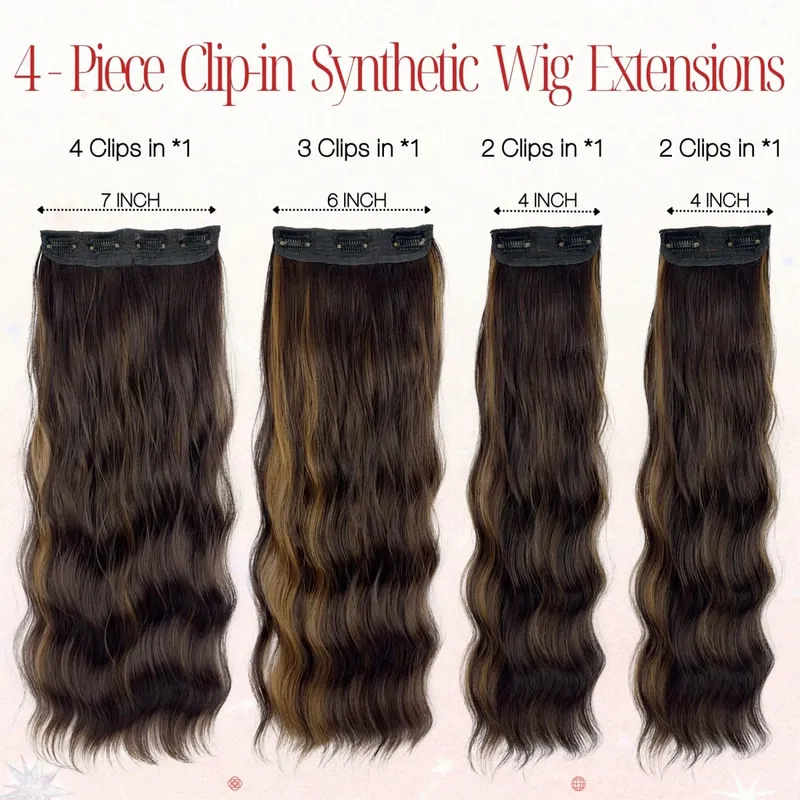 4-Piece Set Women's Synthetic Clip-in Wig Extensions Long Wavy Thick Clip-in Wig Pieces Voluminous Wig