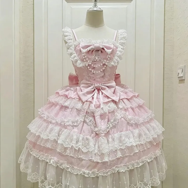 Y2K Sweet Lolita Jks Strap Dress Women Solid Ruffle Lace Bow Patchwork Kawaii Princess Ball Gown Knee-Length Elegant Party — image 9