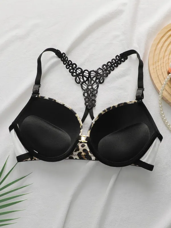 Conjunto de sutiã com fechamento frontal com estampa de oncinha, conjunto de lingerie push up com armação para mulheres, bralette de renda sexy e calcinha, roupa de duas peças — image 4