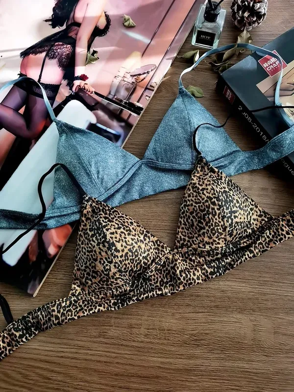 Triangle Cup Bra Set Sexy Leopard Print Ultra Thin Wirefree Bralette & Panty Lingerie for Small Breasts — image 4