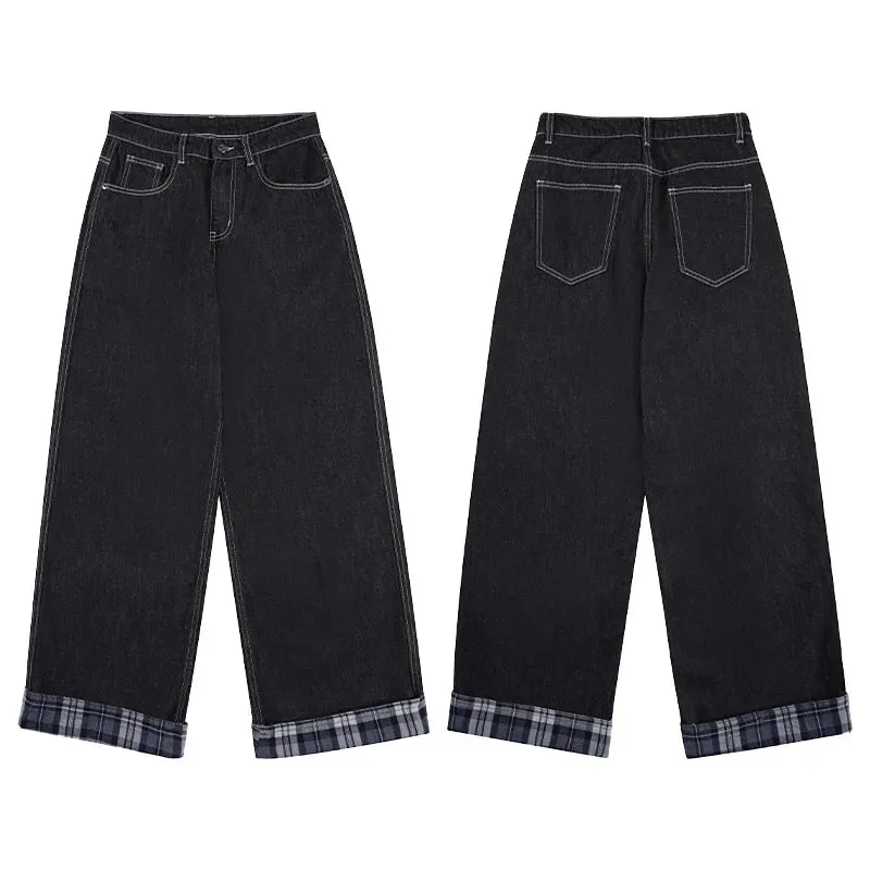 Men's Denim Black Jeans 2026 New American Style Trendy Plaid Bottoms Patchwork Raw Long Pants Loose Straight Trousers X2560