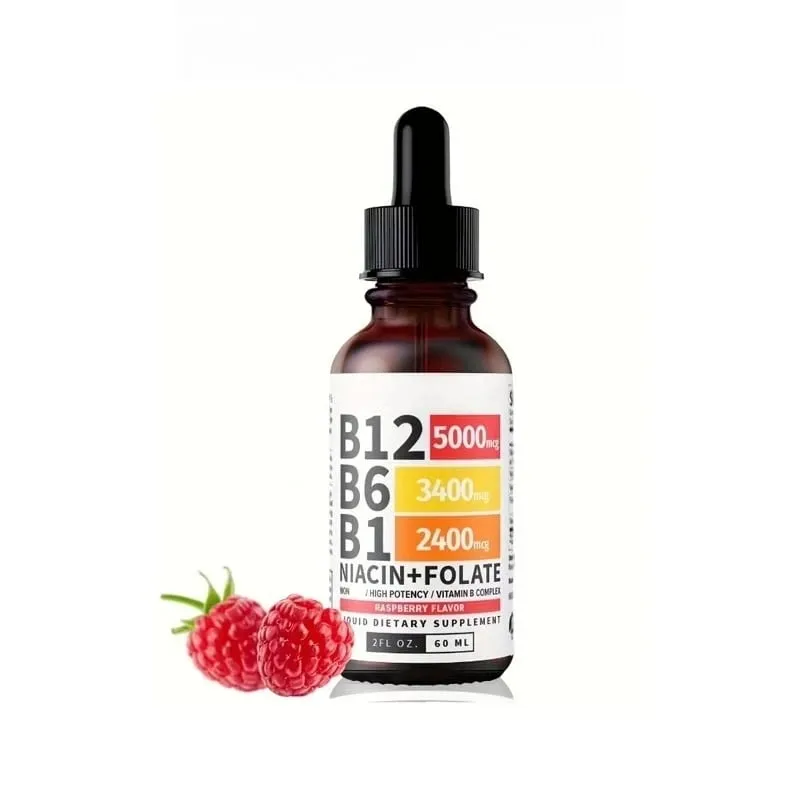 Bitamina B12 Liquid Drops 60ml Raspberry Flavor na may Vitamin B6+B1 Etc Multivitamin Support Energy Recovery at Brain Heart Health
