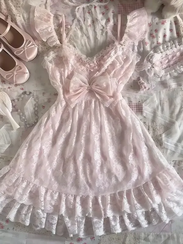 Feminino y2k vintage rendas retalhos vestido de duas peças conjunto verão elegante retro cardigan + doce moda sem mangas magro mini vestido — image 3