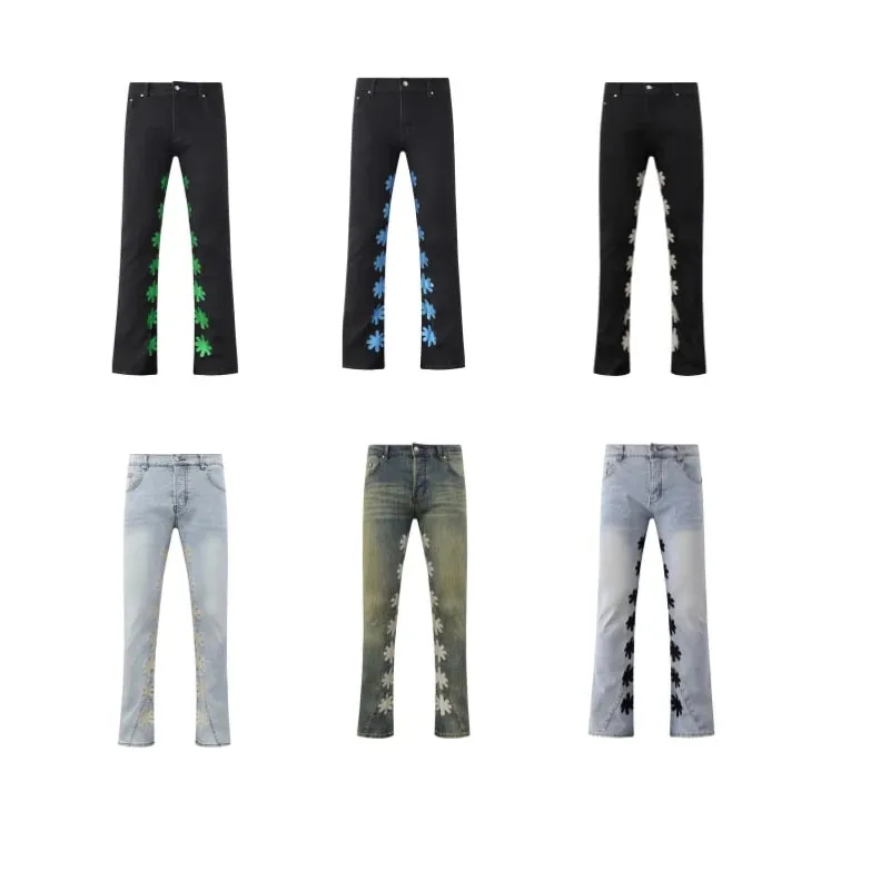 Men's Embroidered Floral Flare Jeans – Vintage Washed Distressed Y2K Hip Hop Streetwear Denim Pants — image 2
