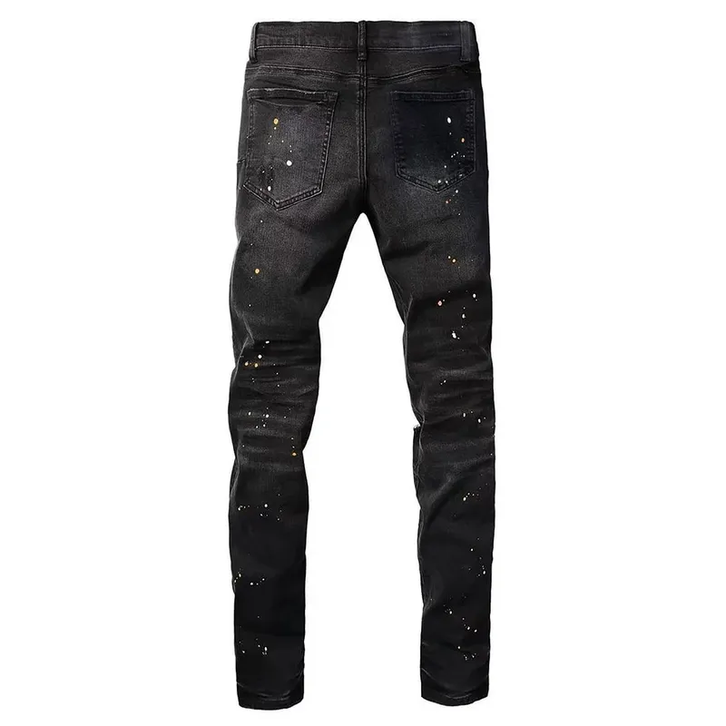 Men Holes Ripped Denim Jeans Streetwear Slim Tapered Stretch Pants Painted Black Trousers — image 2