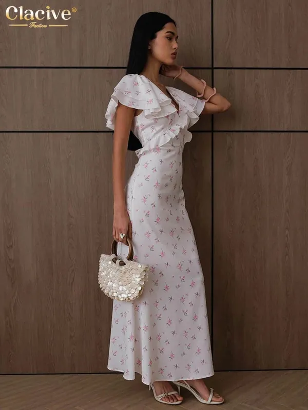 Clacive Sexy Loose Print Pambabaeng Dress 2026 Summer V-Neck Maikling Manggas Haba ng Bukong-bukong Dresses Elegant Classic Ruffles Pambabaeng Dress — image 2
