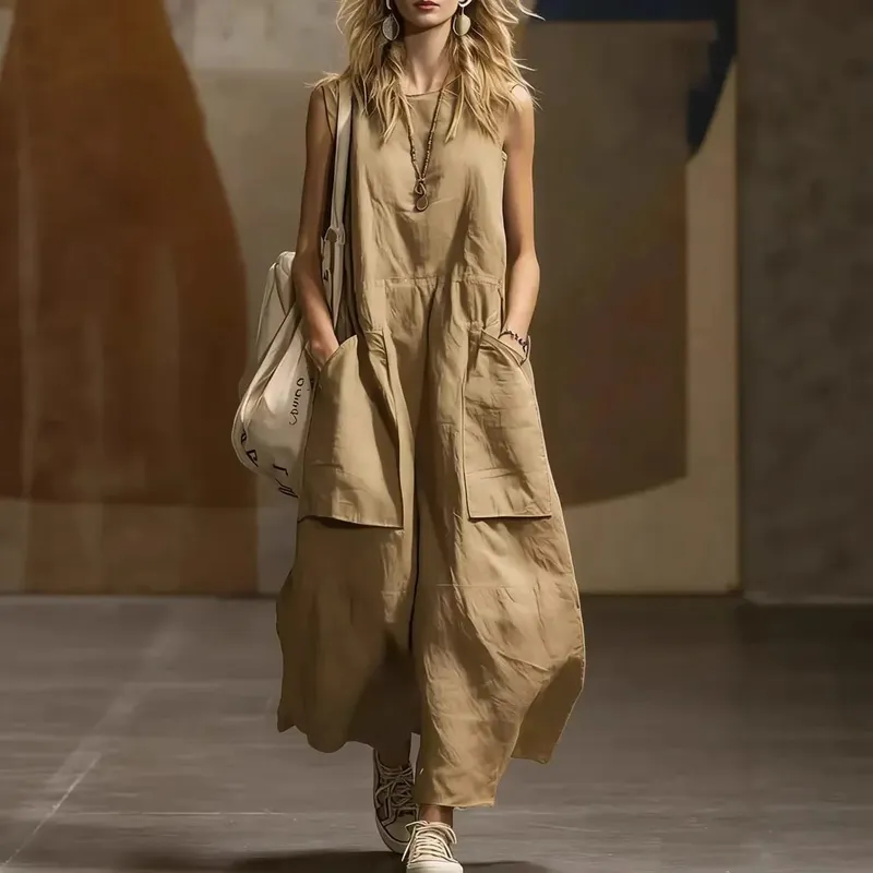 2026 Summer Loose And Simple Sleeveless Cotton And Linen Women's Dress New Fashion Casual Pocket Female Holiday Long Dresses — image 4