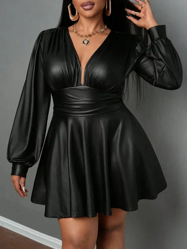 Plus Size Leather Skirt para sa Babae Deep V Neck Lantern Sleeve Waist Cinched A-Line Party Outfit Pang-sexy Girl's Ensemble
