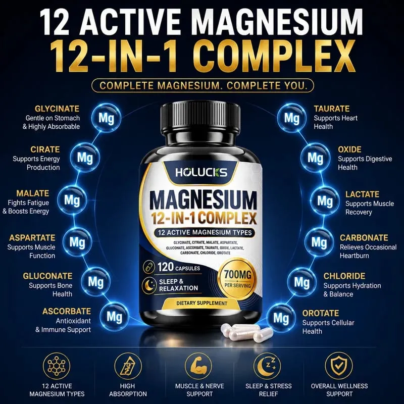 Magnesium 12-IN-1 Complex Capsules - Bone & Heart Health Supplement Sleep Support Muscle Relaxation Stress & Anxiety Relief