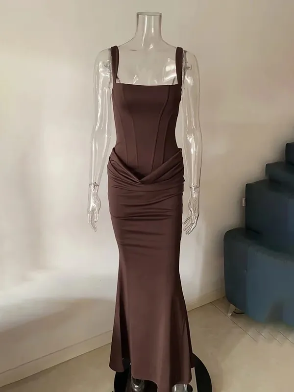 Typhaland スリムプリーツマキシドレス女性のためのノースリーブセクシーなプランジイブニングパーティードレス夏 2026 ファッション固体女性服