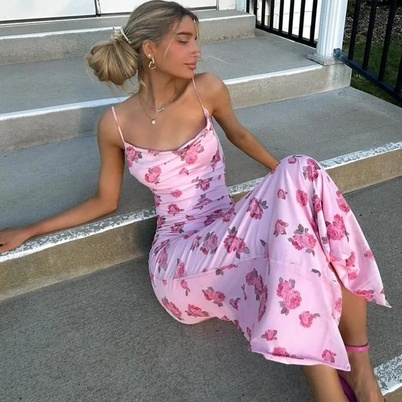 Vestidos de espaguete florais impressos para mulheres moda sexy clube y2k sem mangas slash neck magro longo vestidos robes feminino bodycon