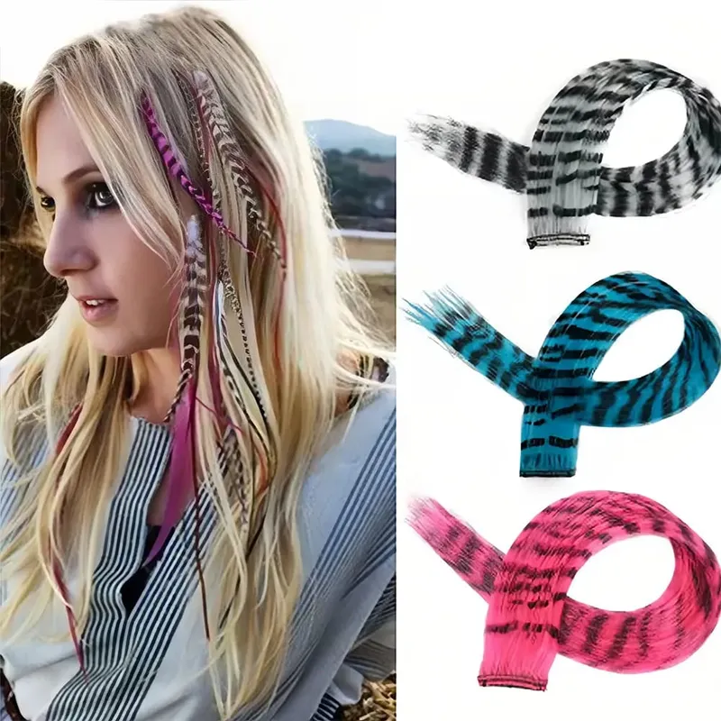1Pc Clip-in Stripe Printed Synthetic Hair Colorful Long Straight Hair Pieces clip in Hair Extensions for Daily or Christmas wear — image 2