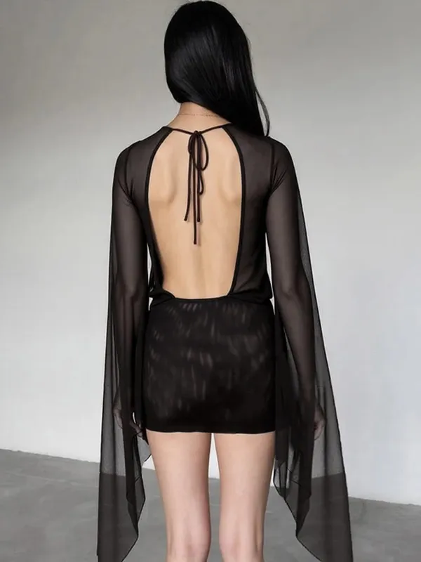 Estranho puss malha sexy vestido de verão feminino bandagem cruzada baixo pescoço sem costas manga alargamento meia-noite coquete meia-noite festa bodycon — image 6