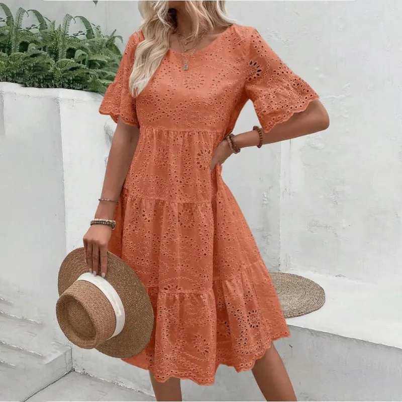 Pambabaeng White Eyelet Embroidery Midi Dress Hollow-out Boho Flowy Ruffle Tiered Dress Casual Short Sleeve Summer Beach Dresses — image 5