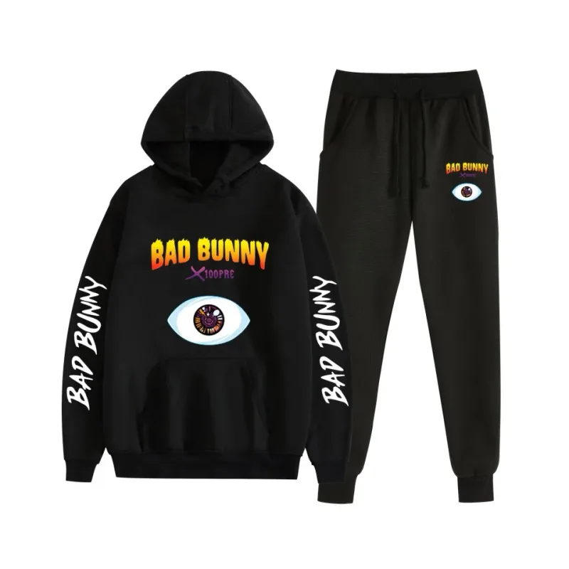 Harajuku Bekväm bad bunny Tryck Sweatshirt Träningsbyxor Kostym Dam Luvtröjor+ Byxor Kostym Pojkar/Flickor 2-delat set Kläder — image 14