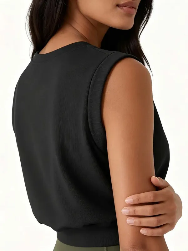 Geripptes, ärmelloses, tailliertes Crop-Top für Damen mit Rundhalsausschnitt, einfarbig, locker sitzendes Sport-Top, lässiges Fitness-Lauf-Yoga-Top — image 4