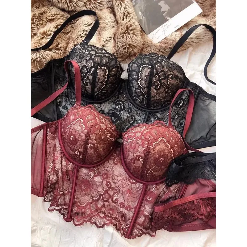 Sexiga kvinnor Fransk spets Fishbone BH Mjuk bygel 3/4 kopp Push Up Anti Sag Side Breast Shaper Comfort Daily Underkläder — image 5