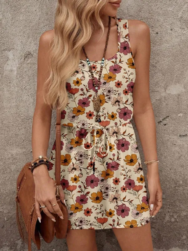 Women's Spring/Summer Sleeveless Floral Print Elastic Waist Drawstring Sleeveless Dress — image 4