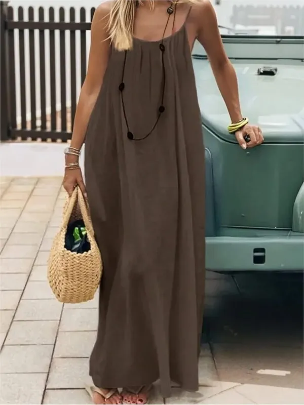 2026 Summer New Casual Seaside Vacation Women Long Skirt Fashionable Solid Color Sexy Suspender Backless Loose Dress Large Size — image 3