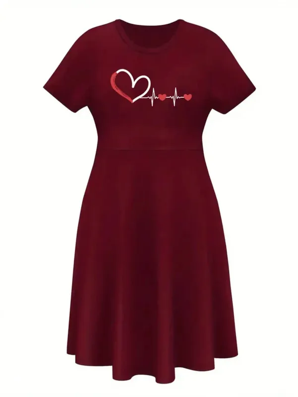 2026 Women's Four Seasons Love at First Sight Heartbeat Printed Casual Loose Black Short Sleeved Large Short Skirt Dress — image 5