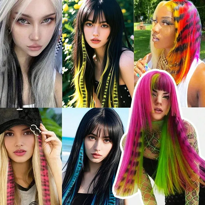 Long Straight Colorful Striped Hairpieces Synthetic Clip in Leopard Print Hair Piece Halloween Party Cosplay Y2K Feather Scene — image 7