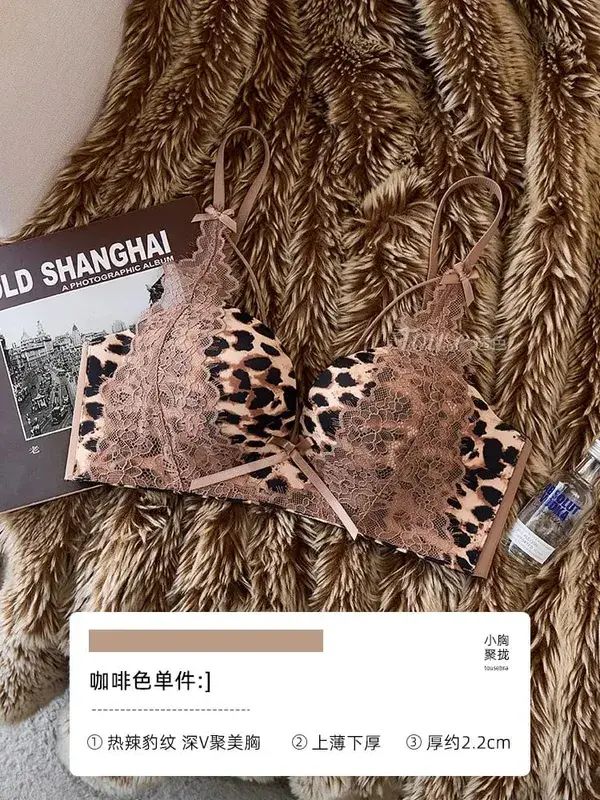 Women Leopard Lace Lingerie Set 32‑38AB Wireless Push‑Up Bra Side Breast Support Anti‑Sag Sexy Pure Desire Underwear
