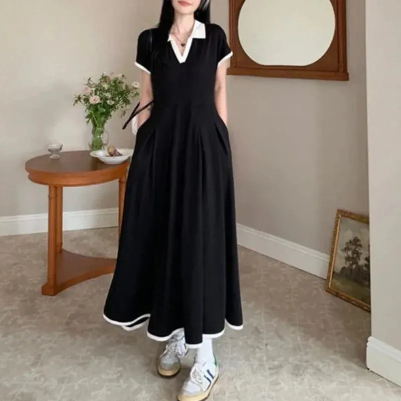 Women Autumn Midi Dress Fashion Patchwork V-Neck Short Sleeve Black Long Skirt High Waist A-Line Dress Sports Ankle-length Dress — image 7