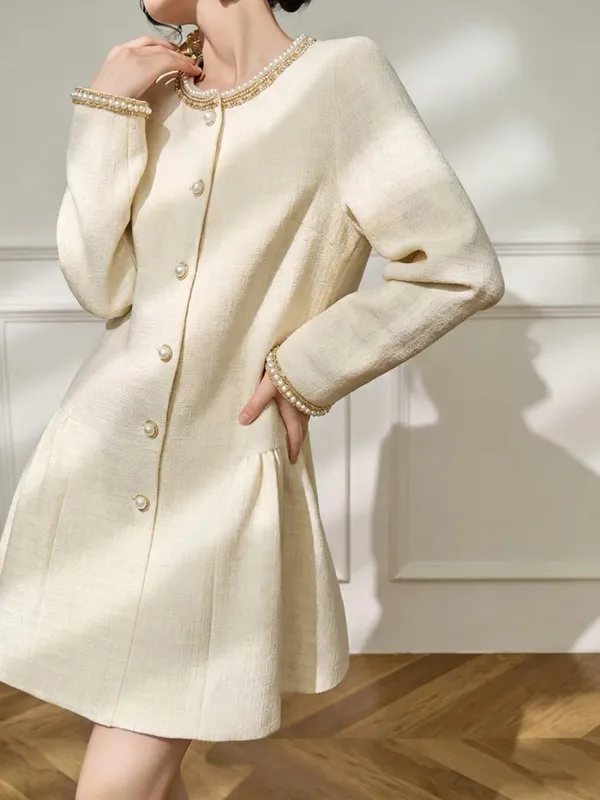 2026 Spring Luxury French Midi Dress Elegant Long Sleeve Dress with Rhinestone & Bead Inlay High-class Noble Princess Style