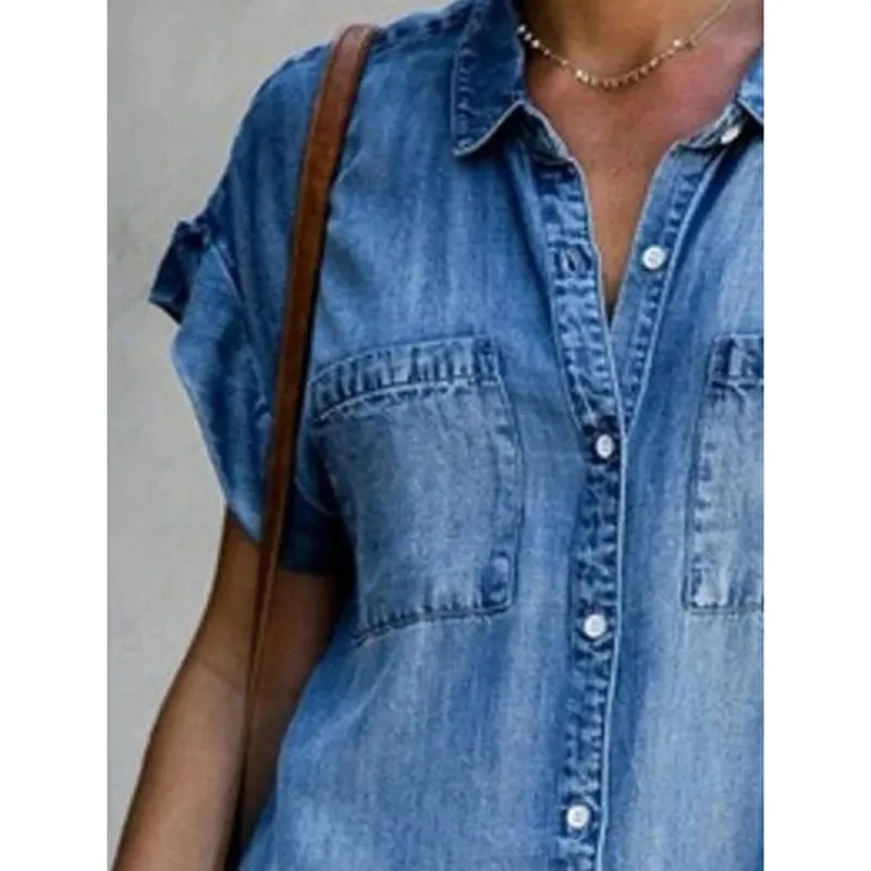 Verão novo único breasted denim camisa vestido feminino casual bolso solto simples retro commuter feminino escritório denim saia curta — image 4