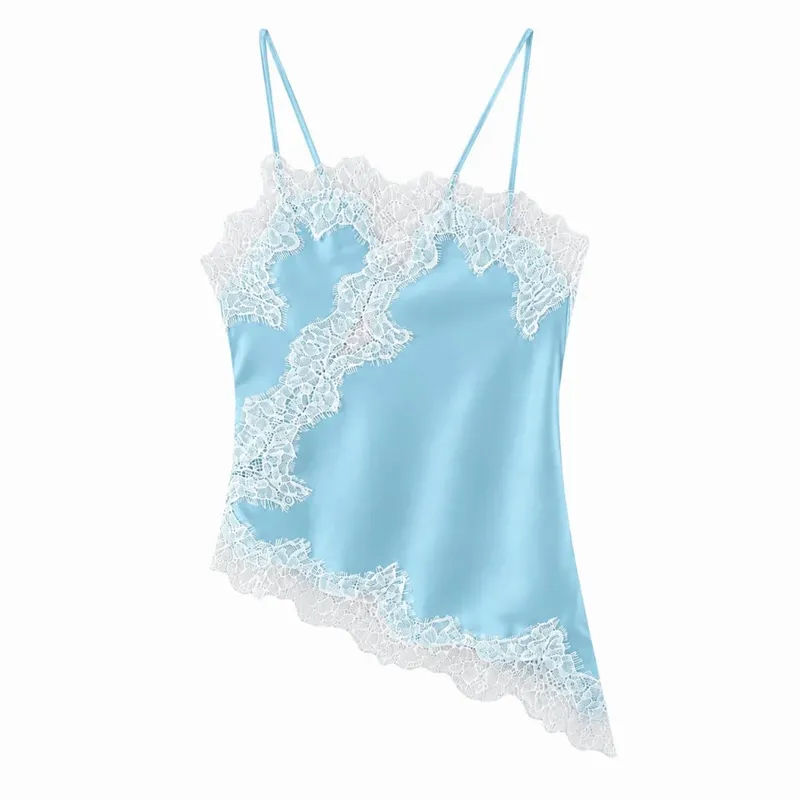 Elegant asymmetrisk spets spets patchwork topp ärmlös rygglös camisole toppar V-hals Sexig spets dam linne sommarkläder