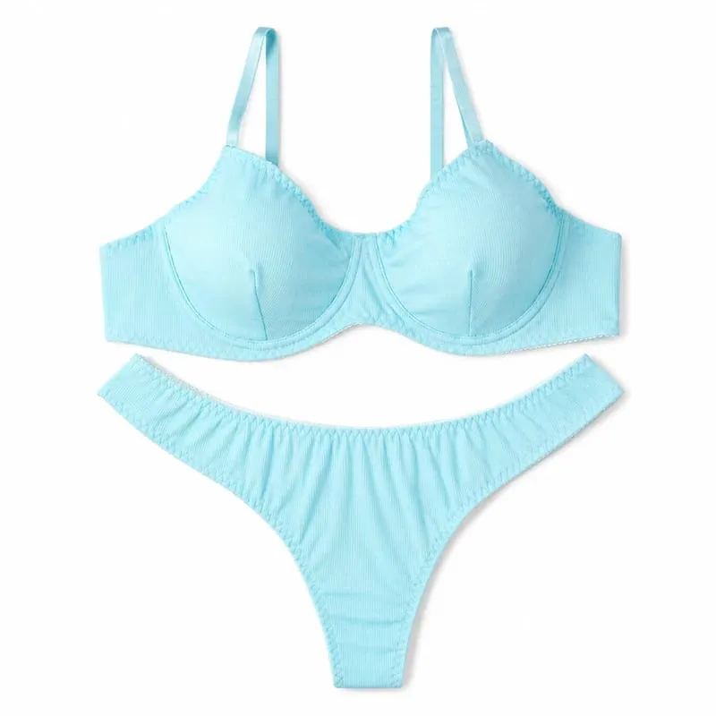 Conjunto de lingerie feminina sólida com nervuras, sutiã com copo fino, tanga de cintura baixa, macio, íntimo diário — image 2