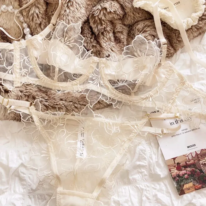 Französisch Unterwäsche Set Sexy Spitze Blumen Stickerei Bh Set Frauen Dessous Sommer Ultra Dünne Atmungsaktive Bralette Dessous Höschen