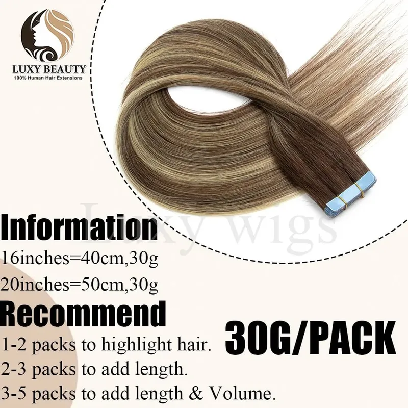 Highlights Brown Tape in Hair Extensions Human Hair Straight Black Blonde Seamless PU Skin Weft Tape In Hair Extensions 20PCS
