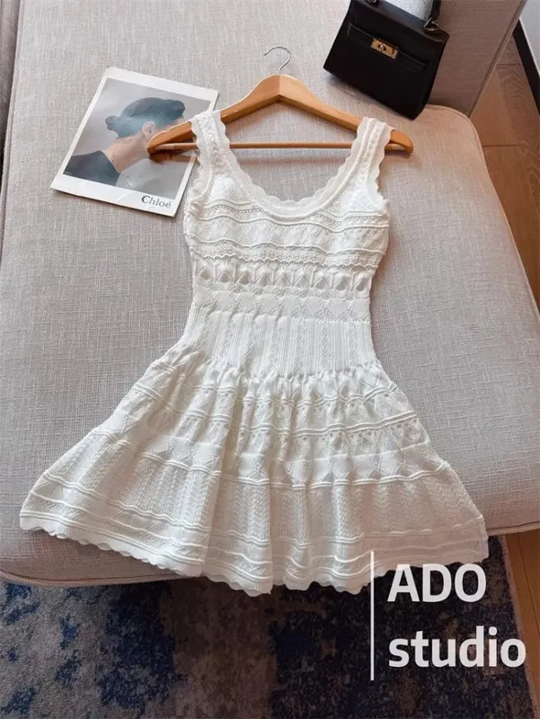 Korobov vestido linha a doce cor sólida com babados vestido colete de malha para mulheres verão estilo francês saia curta vazada — image 5