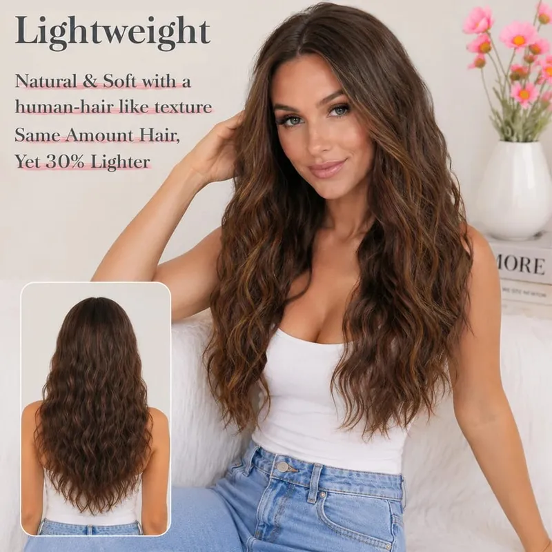 Clip in Hair Extension for Women - 3 Pcs Thick Double Weft Long Wavy Soft Synthetic Blends Well Hair Extension 20inch Dark Brown — image 4